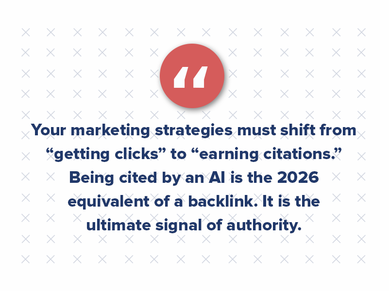 This is where Answer Engine Optimization (AEO) and Generative Engine Optimization (GEO) come into play. Your marketing strategies must shift from "getting clicks" to "earning citations." Being cited by an AI is the 2026 equivalent of a backlink. It is the ultimate signal of authority.