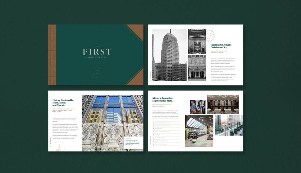 Our work on The First Residences at First National showcases a brochure designed to immerse prospective residents in the property's rich history and elevated living experience. Unlike a traditional apartment brochure, this piece goes beyond floorplans and amenities — it tells the story of the iconic First National Center building, highlighting its transformation into a premier residential destination. From fine dining and on-site entertainment to luxury services, every detail is thoughtfully crafted to reflect the unique lifestyle the building offers.